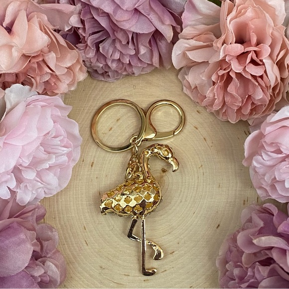 Whimsical Gold & Silver Crystal Flamingo Keychain Charm - Picture 10 of 14